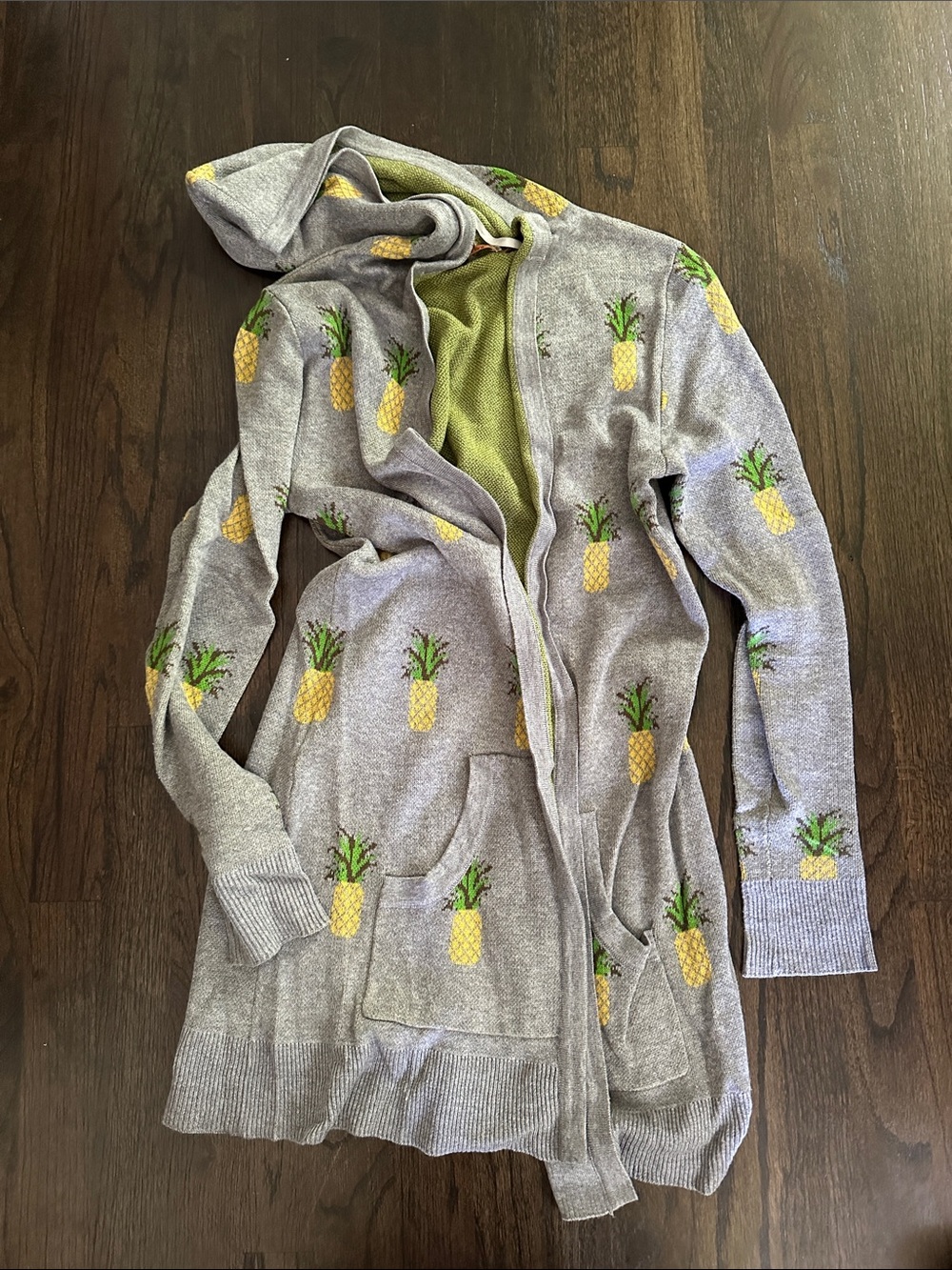 Gray Hooded Cardigan with Yellow Pineapple Knit